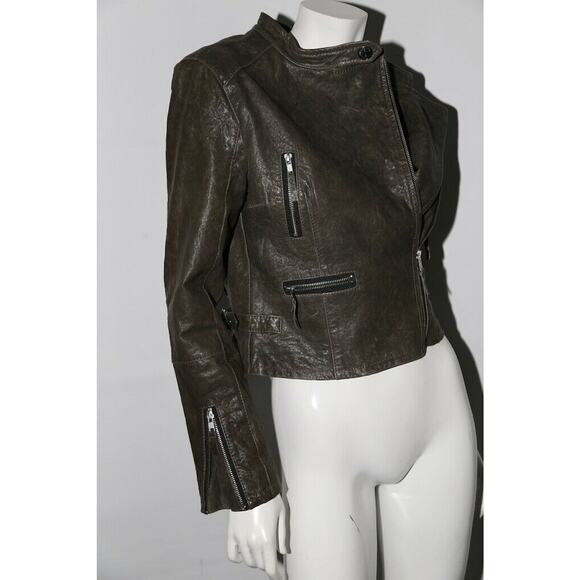 TRUE RELIGION Womens Brown Green Leather Biker Jacket Size S - Picture 10 of 12